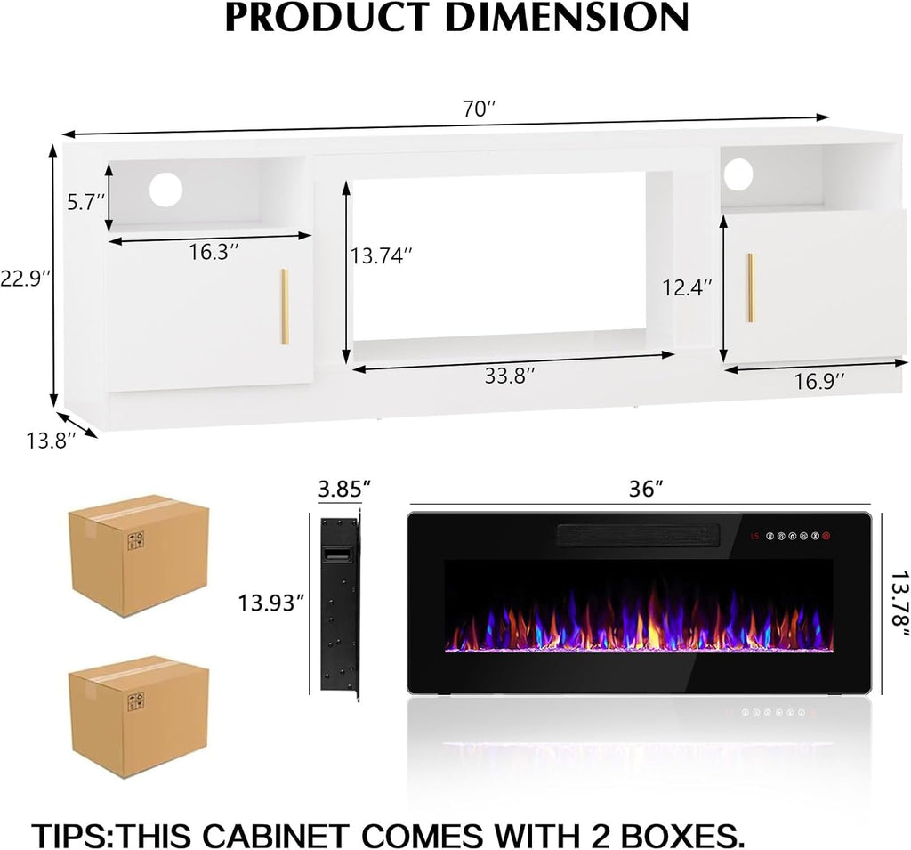 Fireplace tv Stand with 36 inch Fireplace Up to 80" TVs,LED Light Entertainment Center and Storage, 70" Modern Wood Media TV Console with Highlight Cabinet for Living Room (White) A132-B0CCYH1QTX