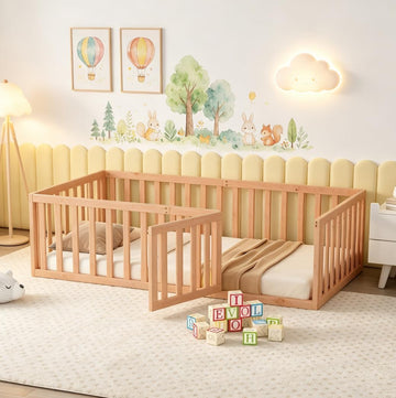 Montessori Floor Bed with 21.7" High Rails, Pine, Plywood Floor Bed with Small Door, Natural
