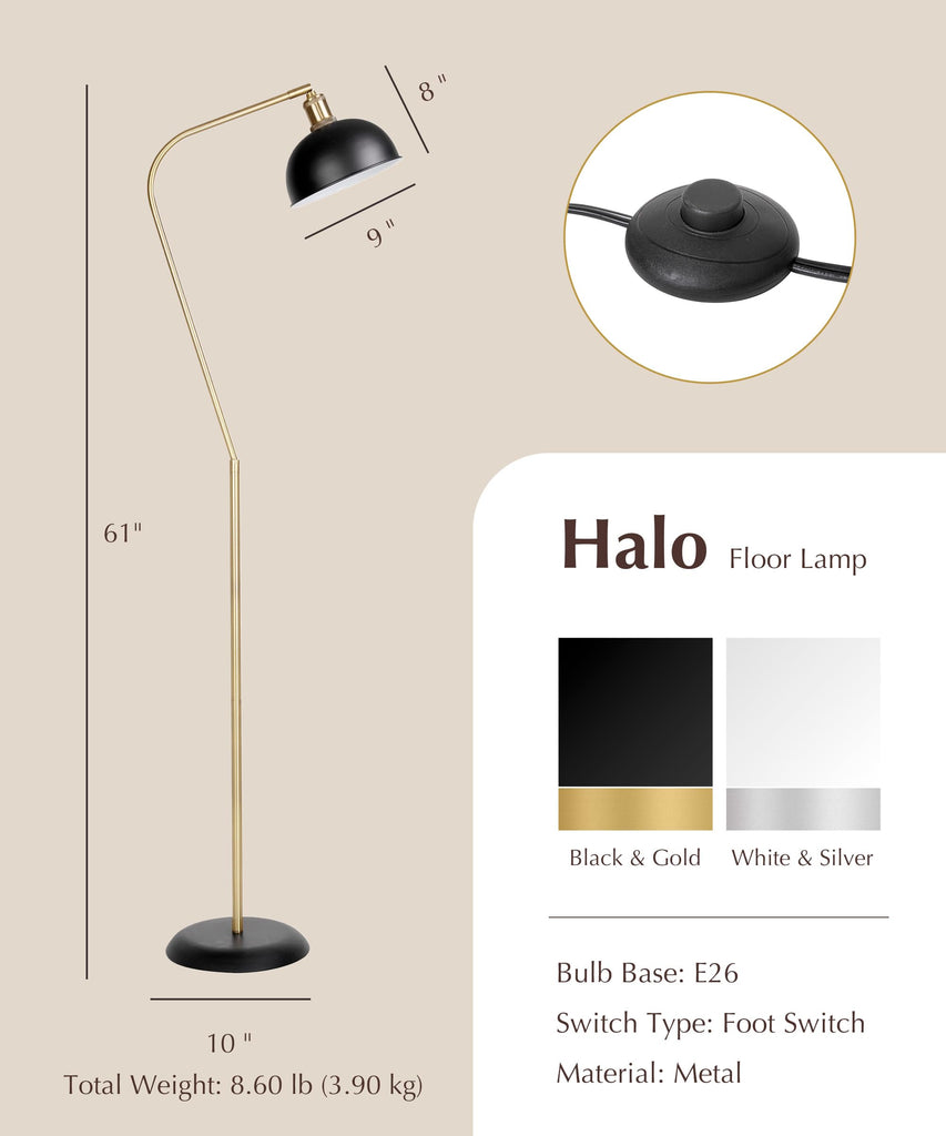 61" Halo Brass Black Floor Lamp, Adjustable Head Reading Lamp