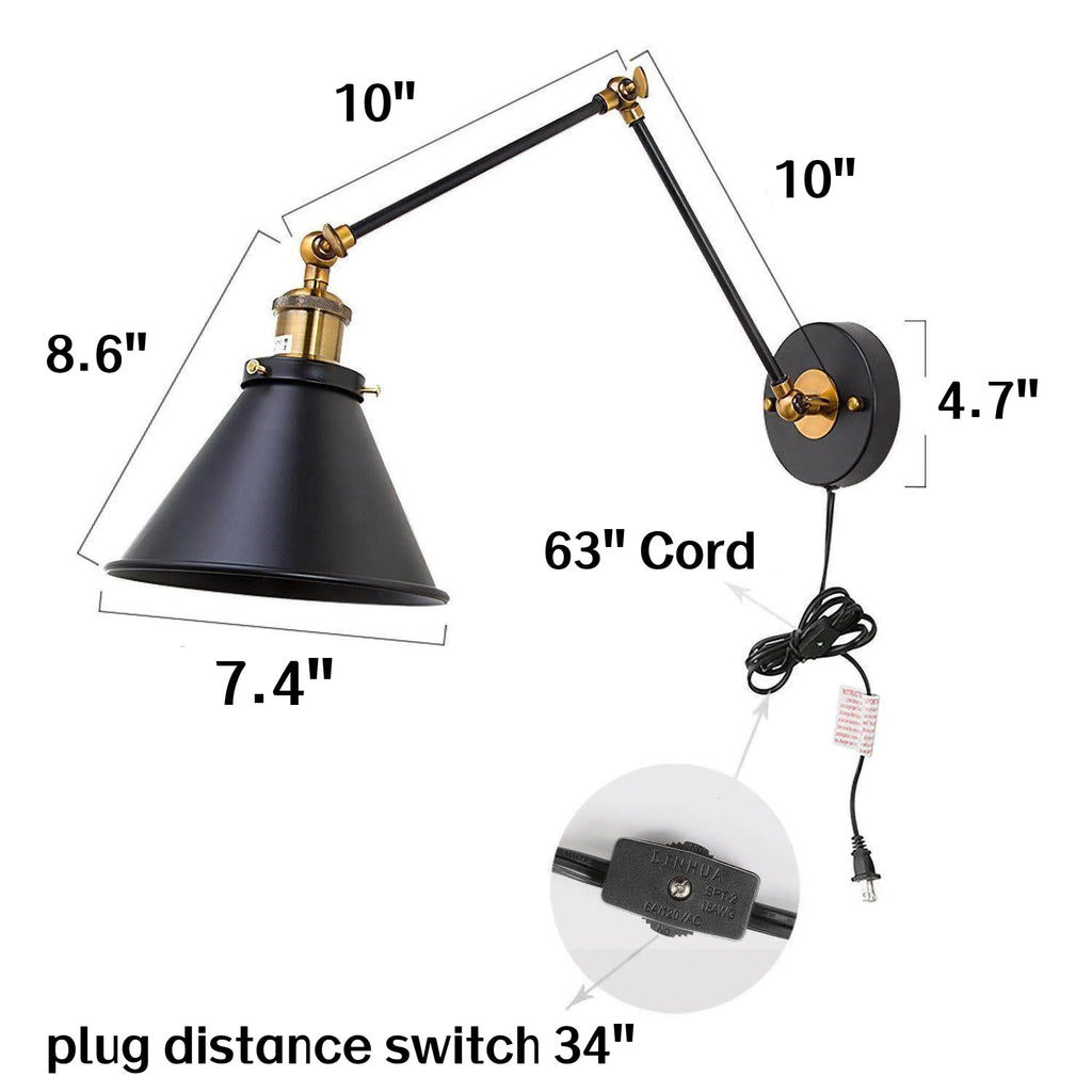Black Wall Sconces Lighting, 2 Pack Modern Industrial Swing Arm Plug in or Hardwired Adjustable Wall Lamp