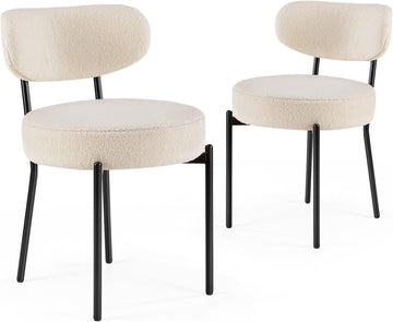Dining Chairs Set of 2, Mid Century Modern Boucle Upholstered Kitchen Chair with Curved Backrest & Metal Legs for
