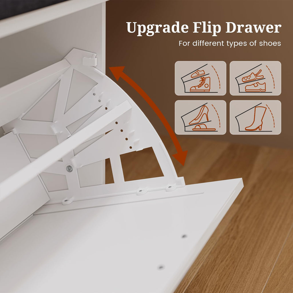 Farmhouse Storage Bench with Flip Drawers & Padded Seat Cushion, Half Hidden Shoe Rack Organizer, Adjustable Shelf