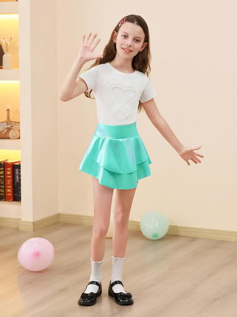Girls Metallic Skater Skort Kids Shiny Scooter Skirt
