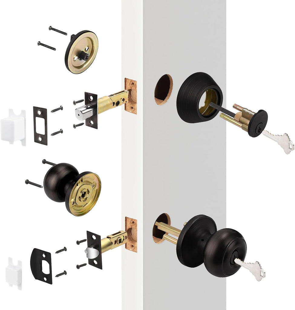 Entry Door Knob Lock Set and Single Cylinder Deadbolt Combination Set, Oil-Rubbed Bronze (3 Pack) Keyed Alike