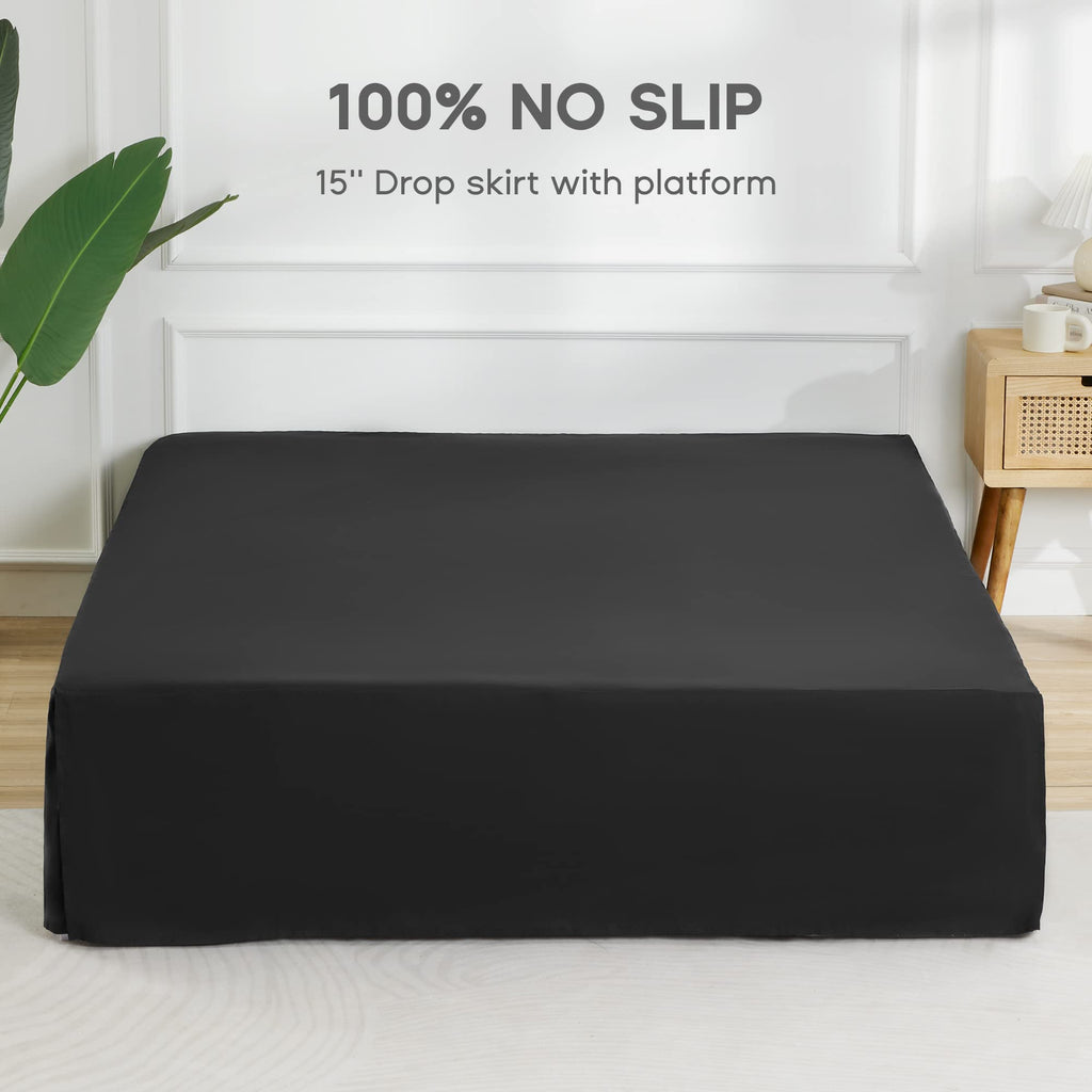Bed Skirt, 15" Drop Pleated Dust Ruffle Brushed Microfiber Black