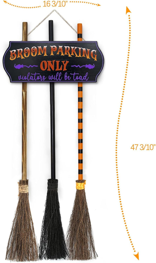 Halloween Decorations - Broom Parking Sign with 3 Wooden Witches Brooms - Set of 4