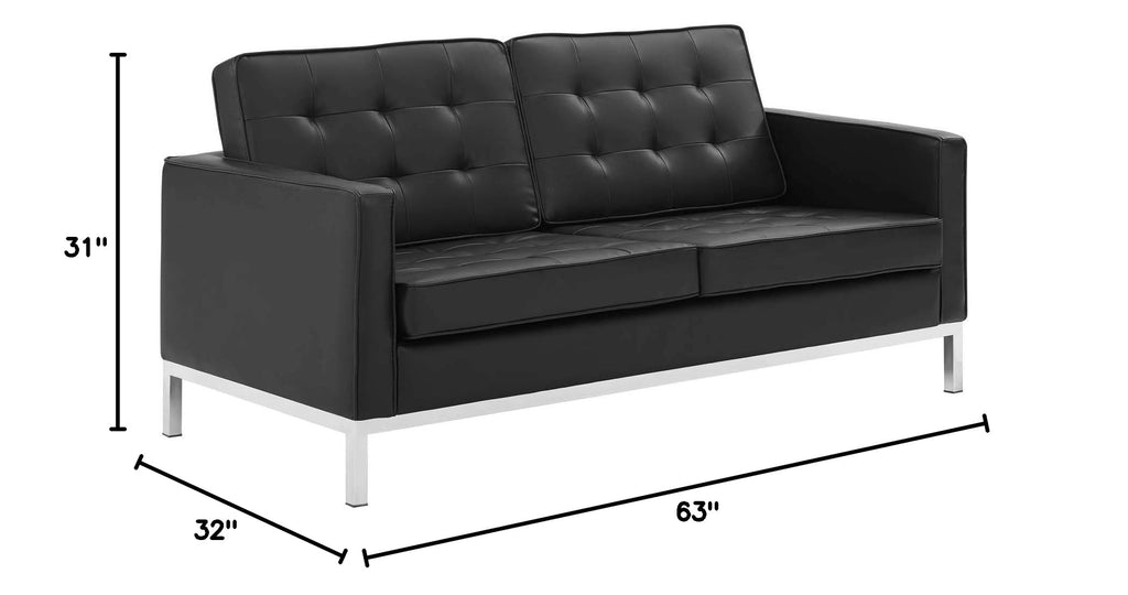 Loft Tufted Button Faux Leather Upholstered Loveseat in Silver Black