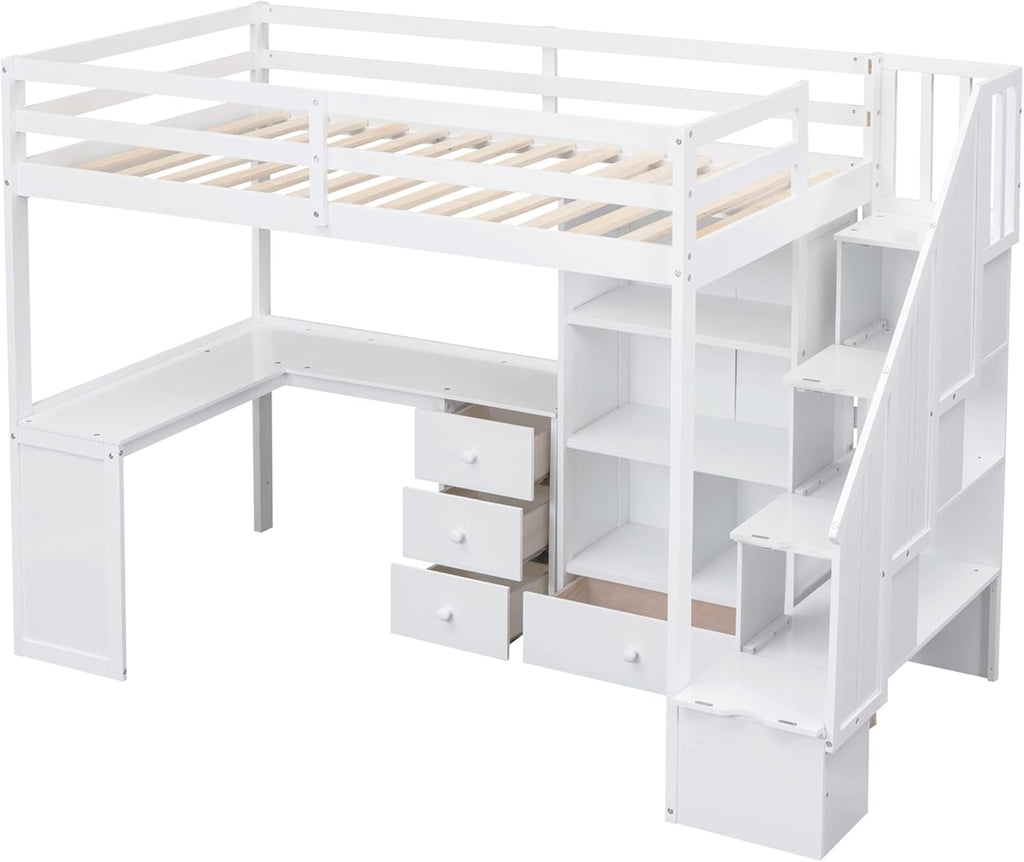 Wood Loft Bed Twin, Multifunctional Twin Bed Frame with L-Shaped Desk and Drawers, Cabinet and Storage Staircase, White