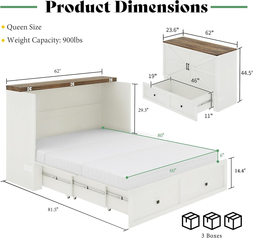 Queen White Murphy Bed with 6" Tri-Fold Memory Foam Mattress