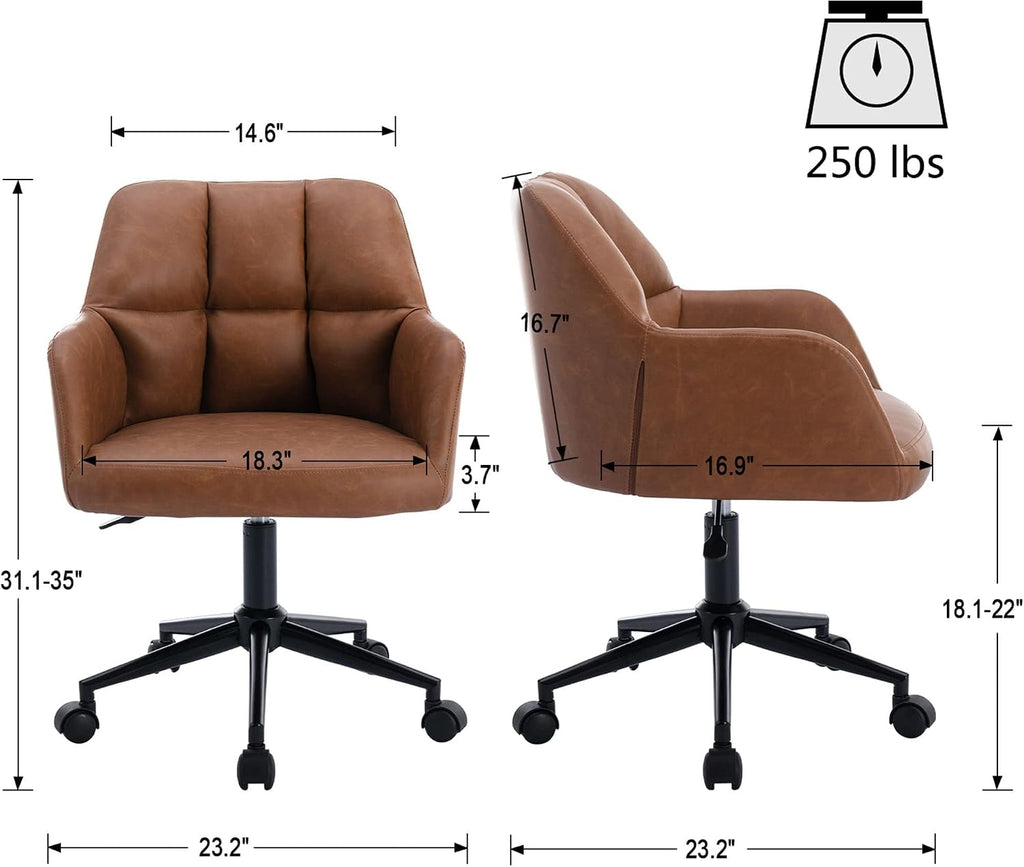 Brown Home Office Desk Chair with Wheels Faux Leather Swivel Desk Chair Upholstered Adjustable Task Armchair for