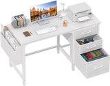 White Desk with File Drawers Cabinet, 47 Inch Reversible Computer Desk with Fabric Filing Cabinet Small Space Home
