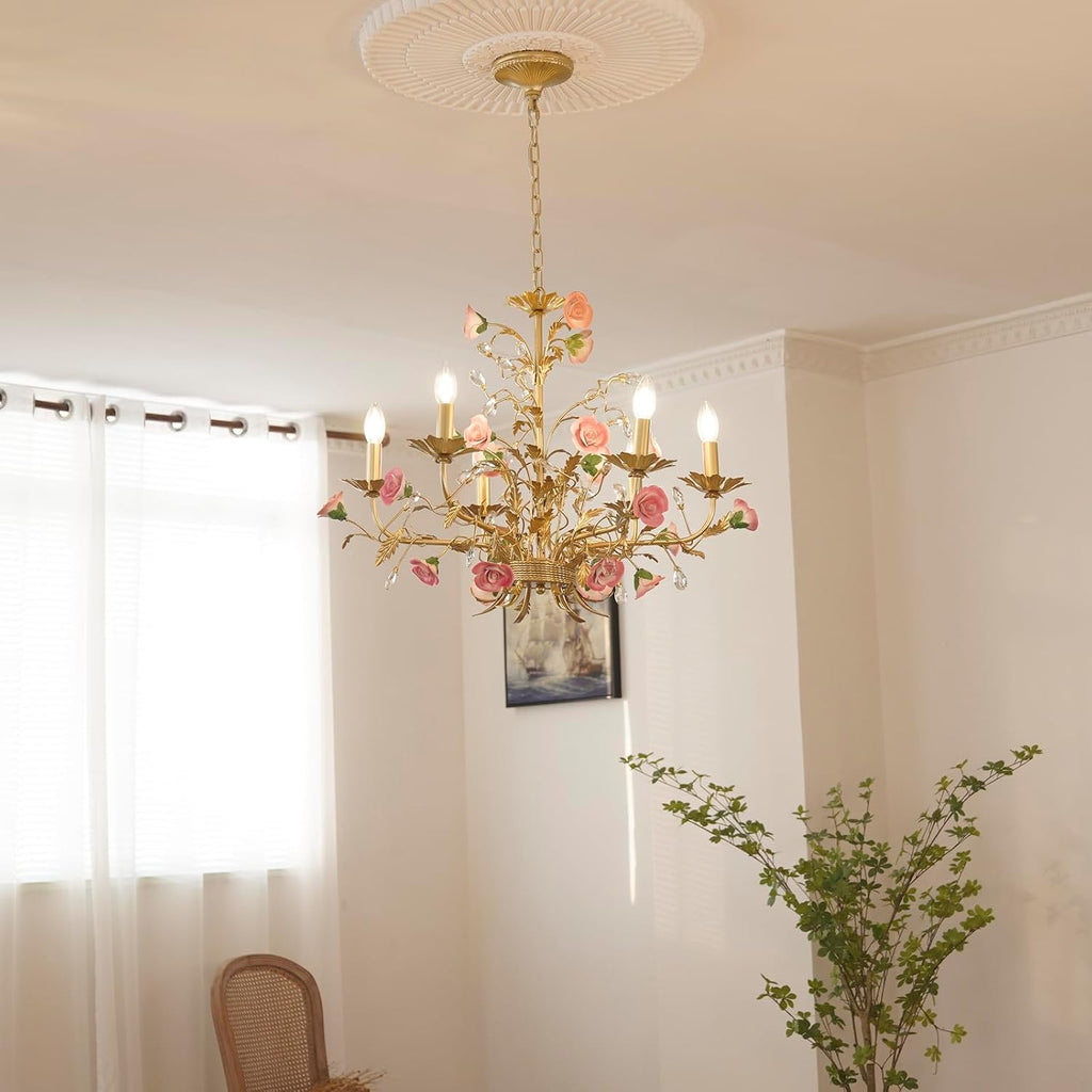 Gold Wrought Iron Floral Chandelier with Pink Ceramic Roses & Crystals, 6-Light French Country Candle Fixture