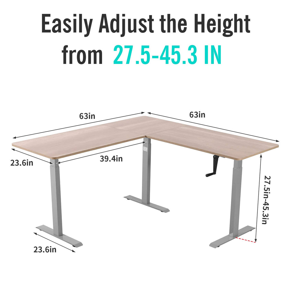 L Shaped Standing Desk, Manual Hand Crank Height Adjustable Corner Desk