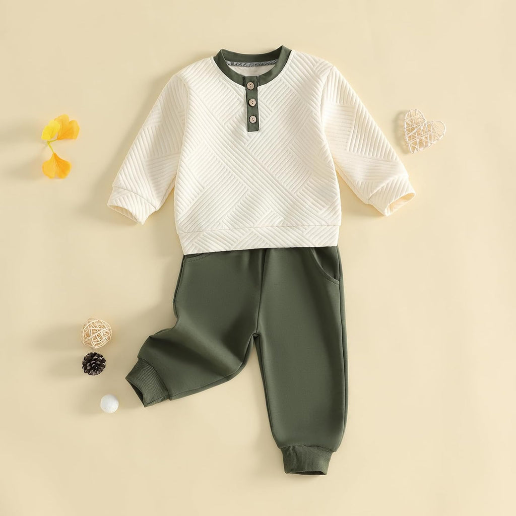 Toddler Boy Fall Winter Clothes Button Crewneck Sweatshirt and Pants Sets
