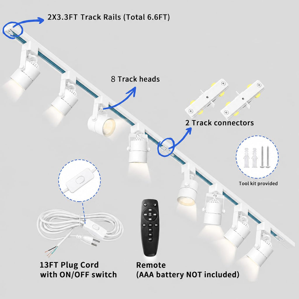 Plug in Track Lighting with Power Cord, 8-Light LED Track Lighting Kit with 6.6FT H Type Track Lighting Rails, Modern