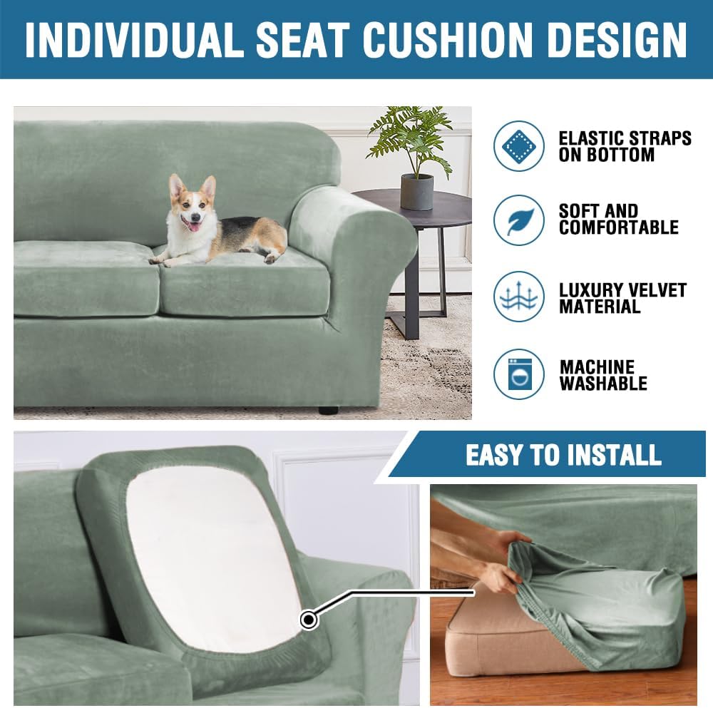 Modern Velvet Plush 4 Piece High Stretch Sofa Slipcover Sofa Cover Furniture Protector Form Fit Luxury Thick Velvet