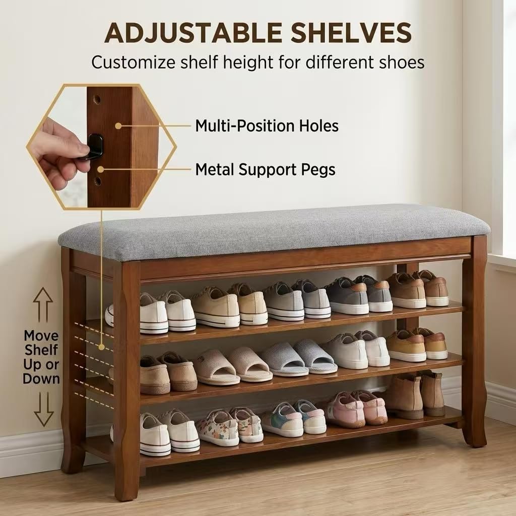SolidWood Entryway Shoe Rack Storage Bench, Flip-Top Soft-Close Lid, 39.4''