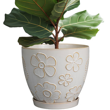 10 Inch Ceramic Planter Pot, Large Petal White