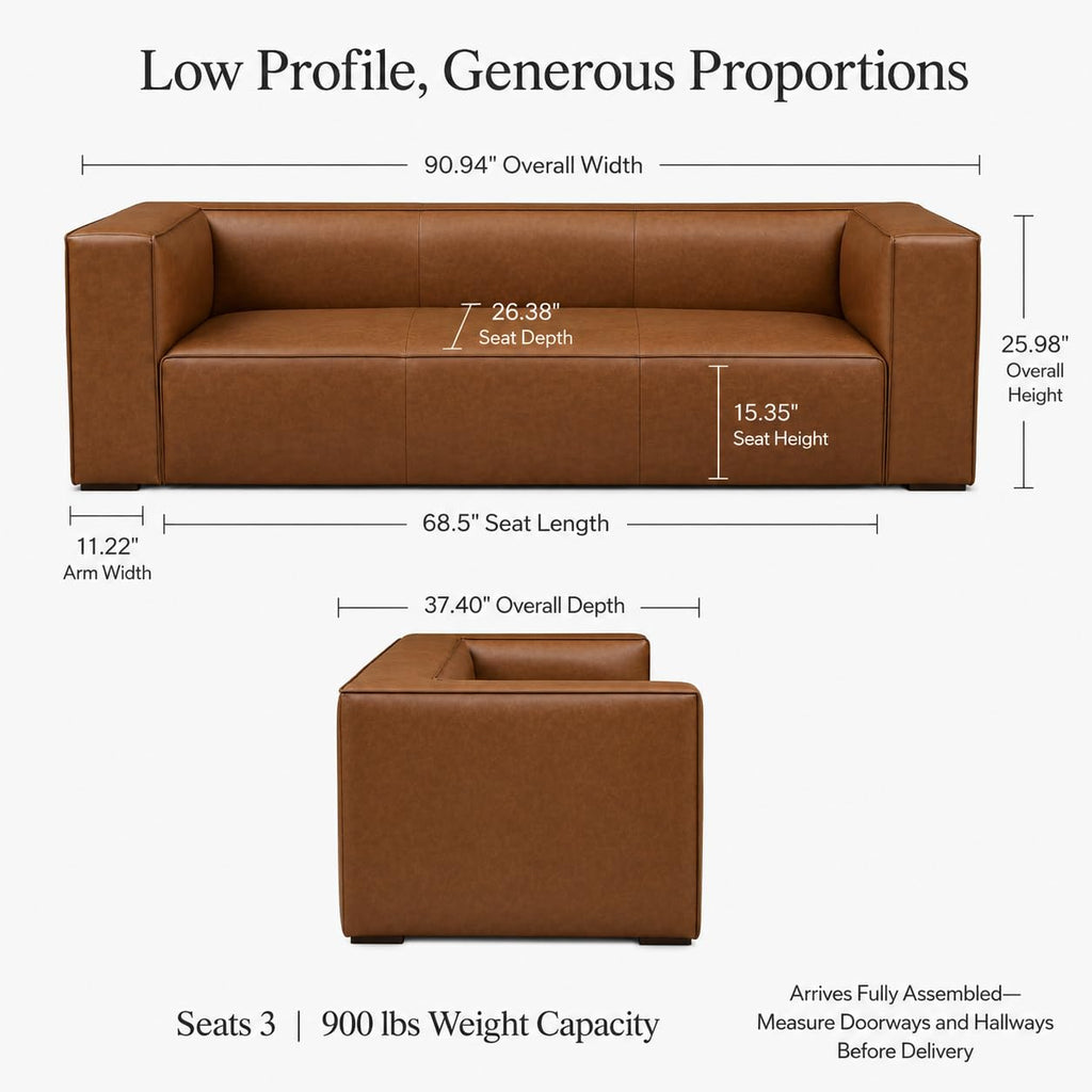 90.94-Inch Cognac Tan Faux Leather Sofa, Modern 3-Seater Couch