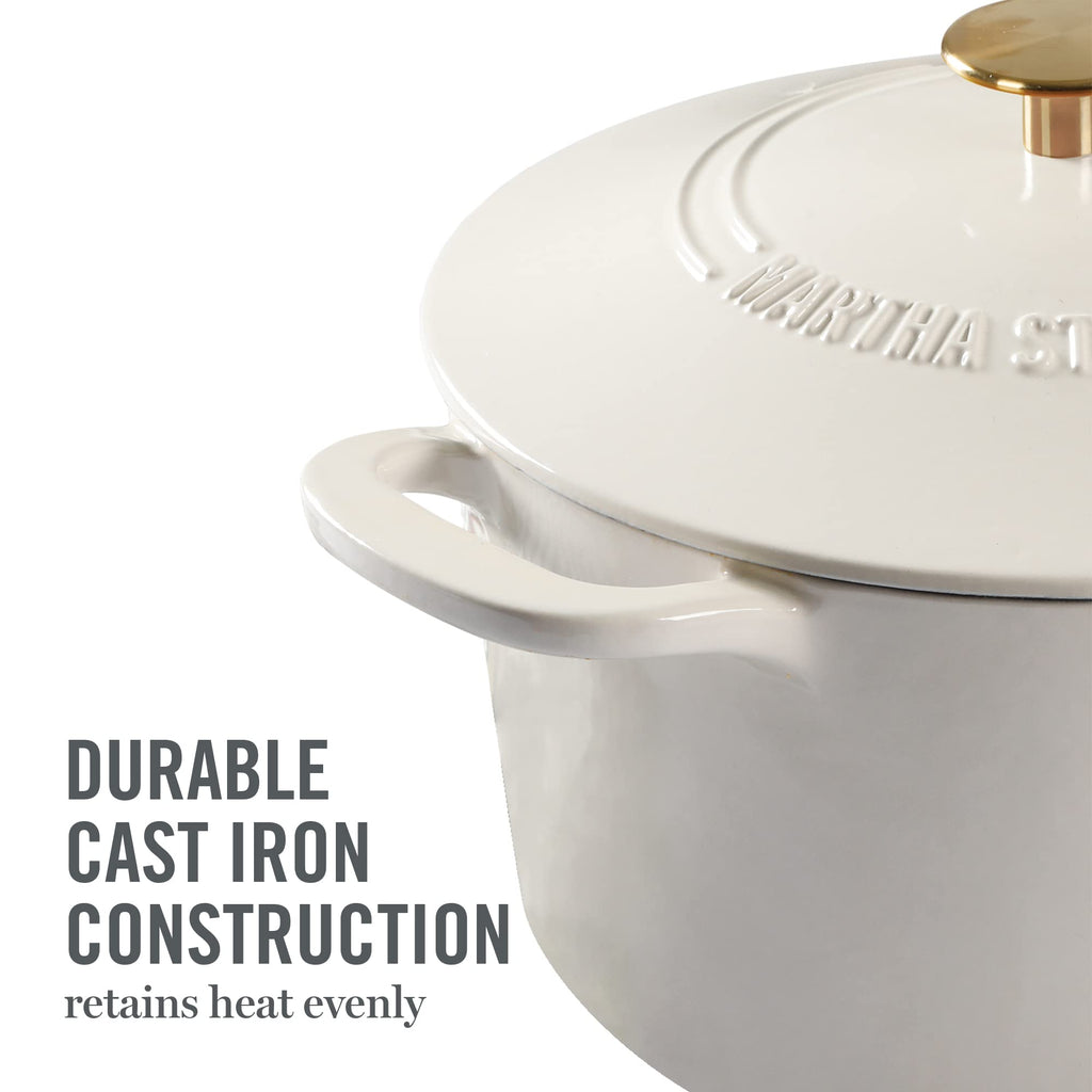 Gatwick 7-Quart Enamel Cast Iron Dutch Oven - Linen White With Gold - Heavy-Duty Dutch Oven for Slow Cooking