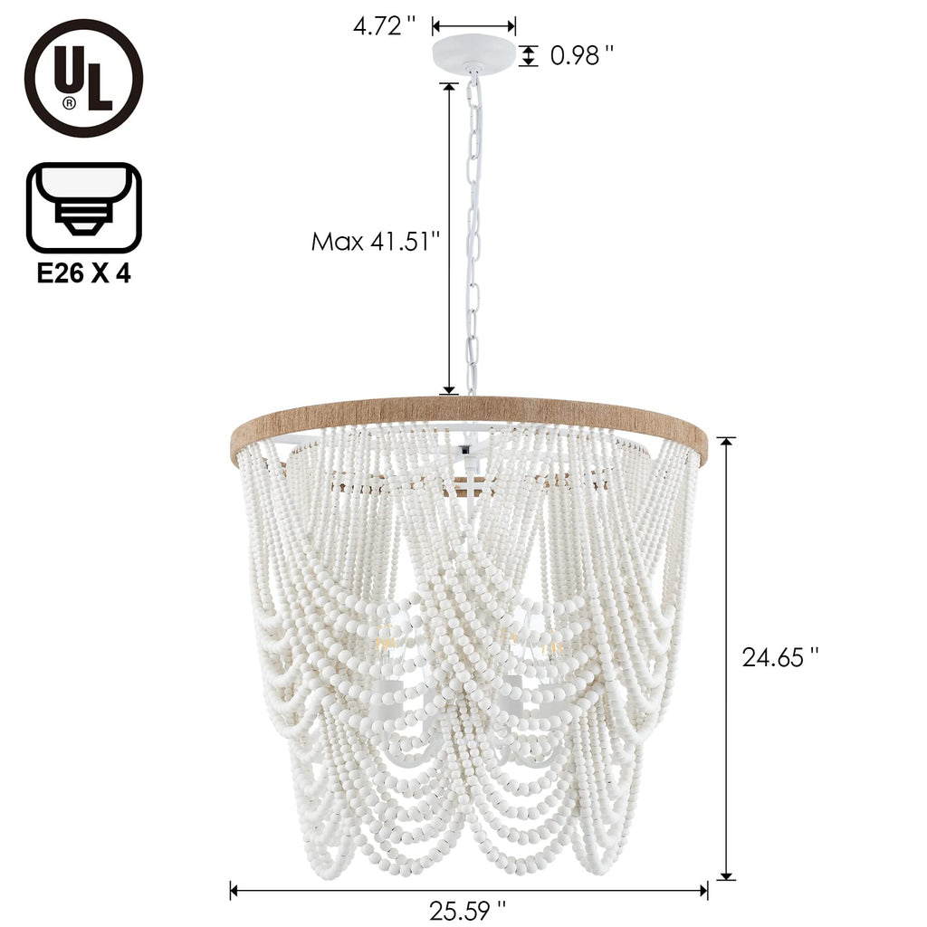 26" Boho Wood Beaded Chandelier Rustic Farmhouse Pendant Light 4-Lights Large Coastal Chandelier Dining Room Foyer