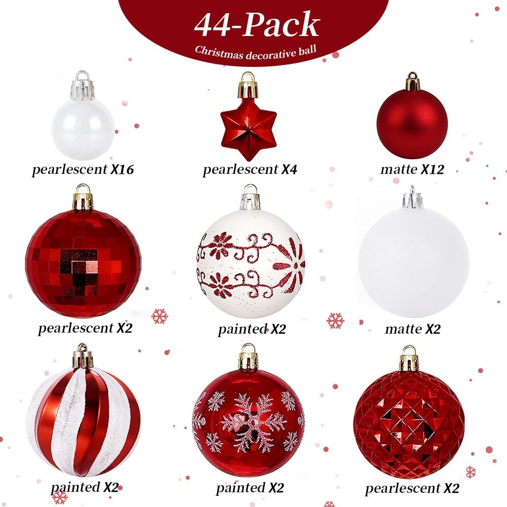 Christmas Ball Ornaments Set, Shatterproof White and Red Assorted Hanging Ornaments Xmas Tree Ball - Set of 44