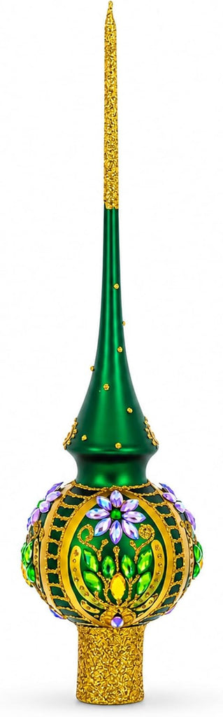 Enchanted Emerald Jeweled Green Glass Christmas Tree Topper 11 Inches