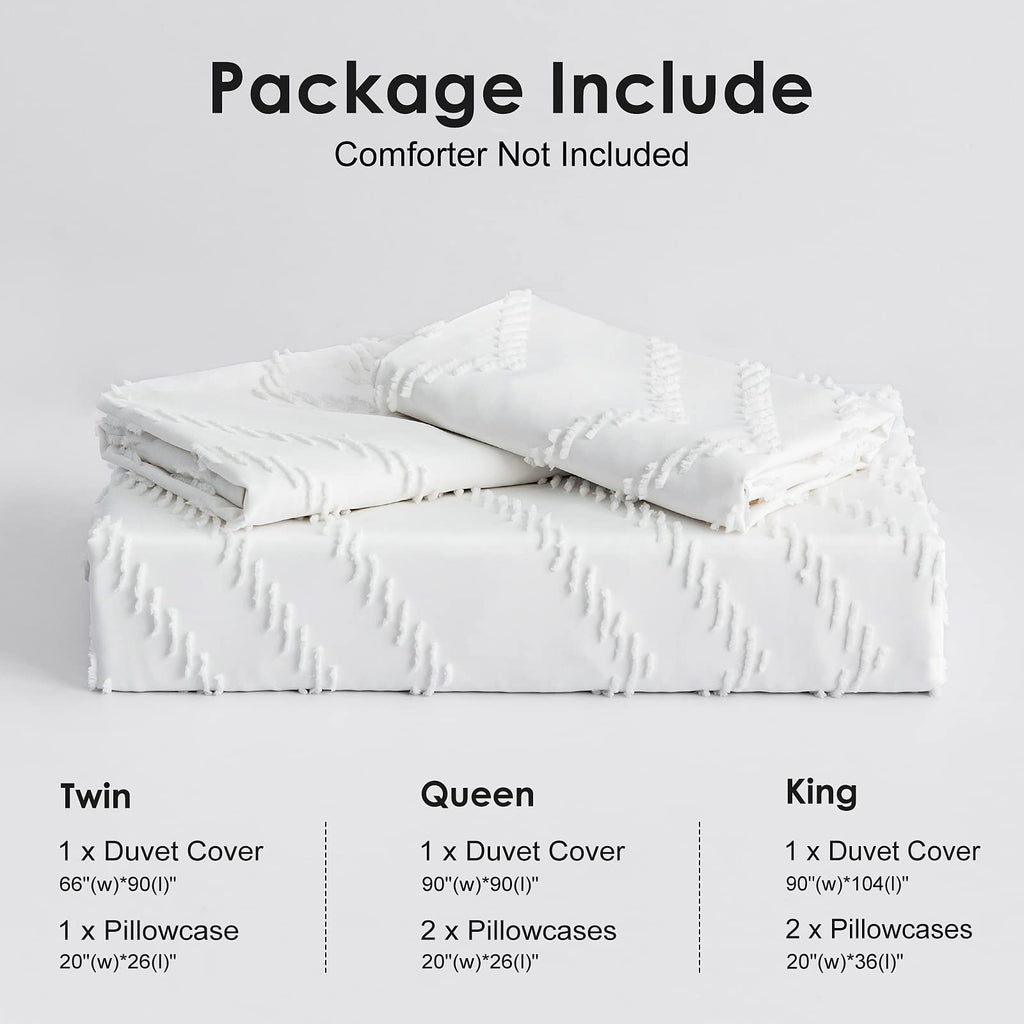 Boho Duvet Cover Queen, Striped Textured White Tufted Bedding Set