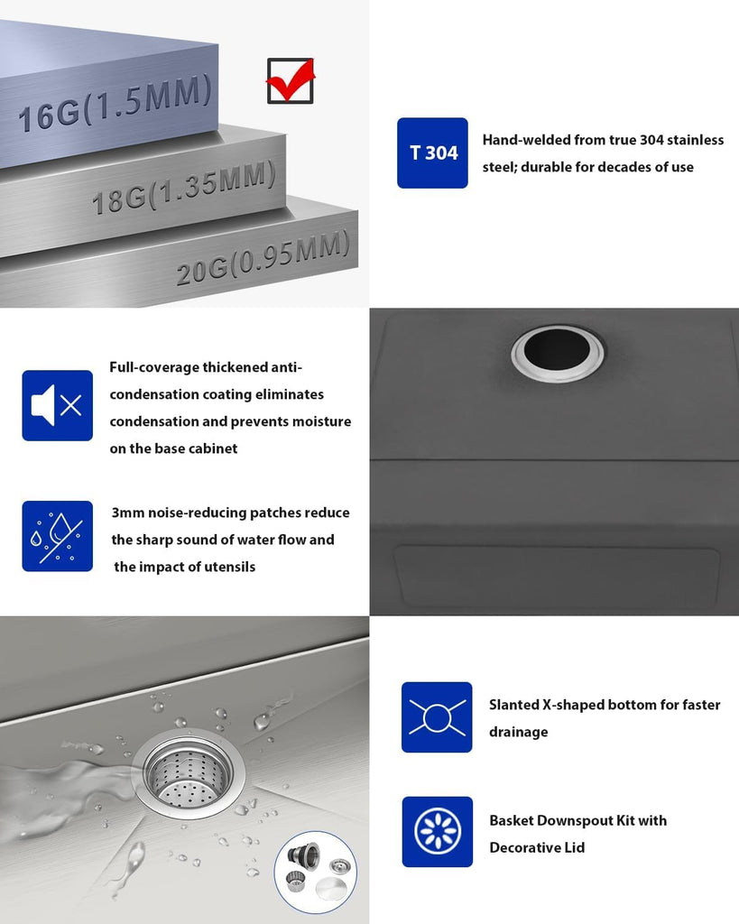 33 Inch Undermount Kitchen Sink, Single Bowl Workstation 16 Gauge 304 Stainless Steel Sink, Handmade Under Counter