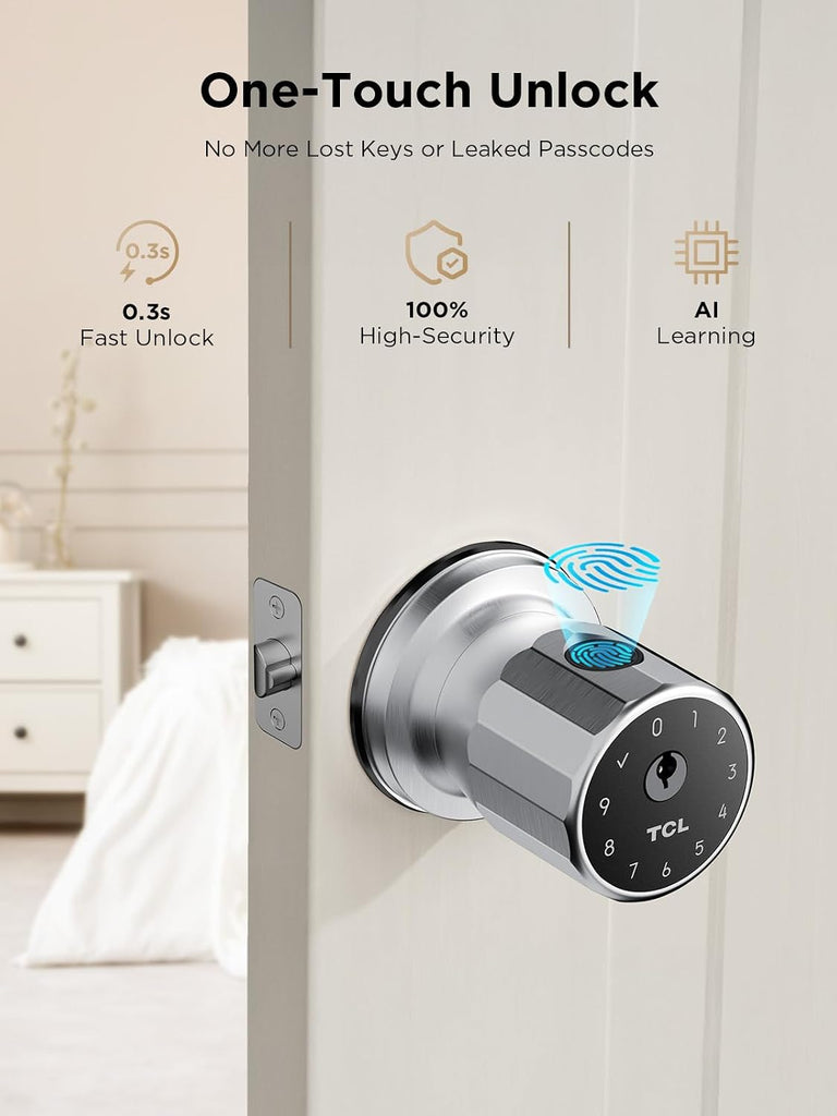 Fingerprint Smart Door Knob, 0.3s Biometric Keyless Entry, 4-in-1 Access with App Control & Passcode, Auto-Lock