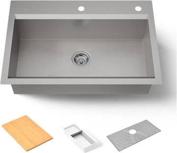 80084-2PC-NA TaskTM 33" Top-/Undermount Single-Bowl Workstation Sink, Includes Kitchen Sink Accessories, Stainless