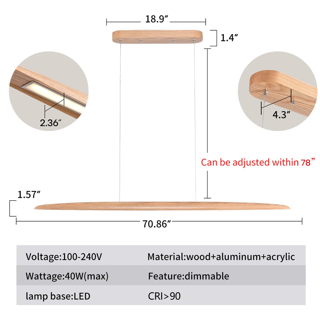 71" 40W Wood LED Linear Pendant Light Fixture Led Dining Room Light Dimmable Hanging Light Fixture Kitchen Island