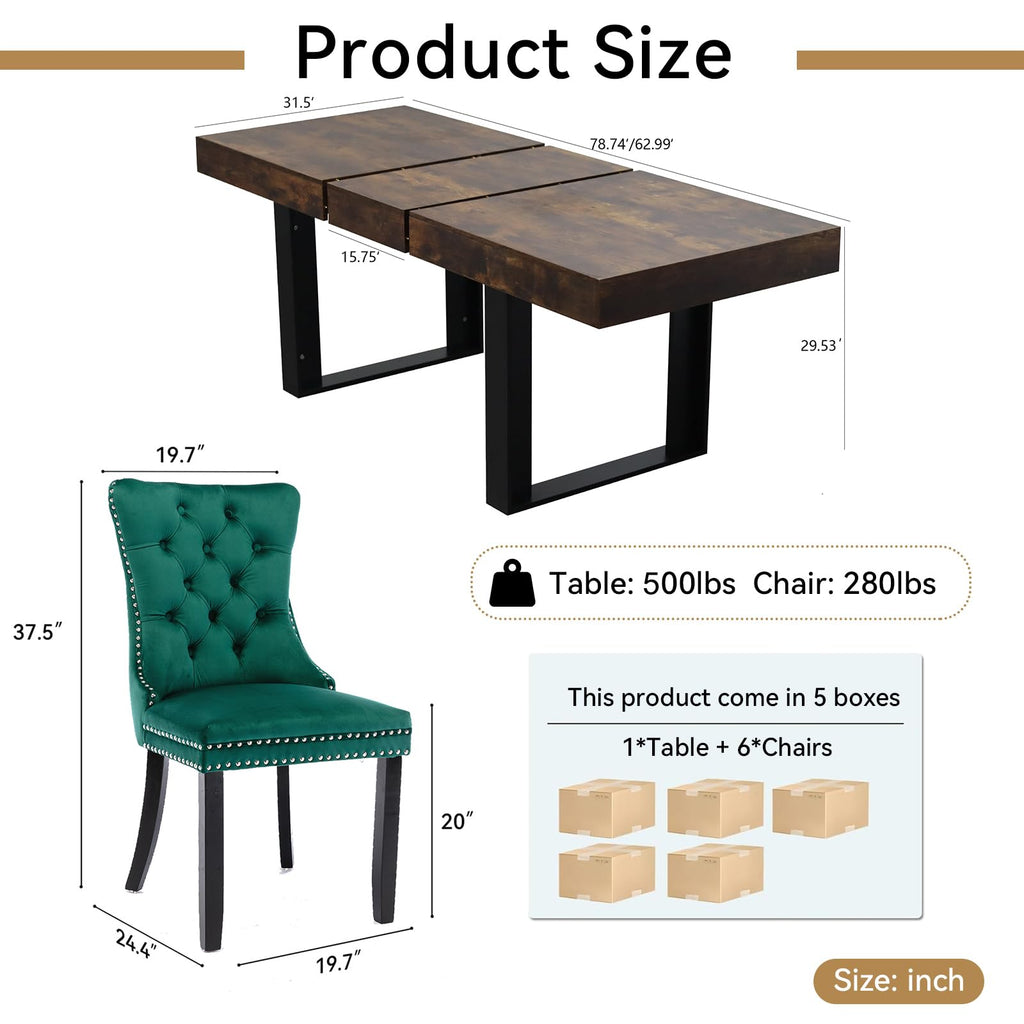 7-Piece Extendable Dining Table Set for 6, 63-78 Inch Rustic Brown Kitchen Table Set with 6 Green Tufted Chairs