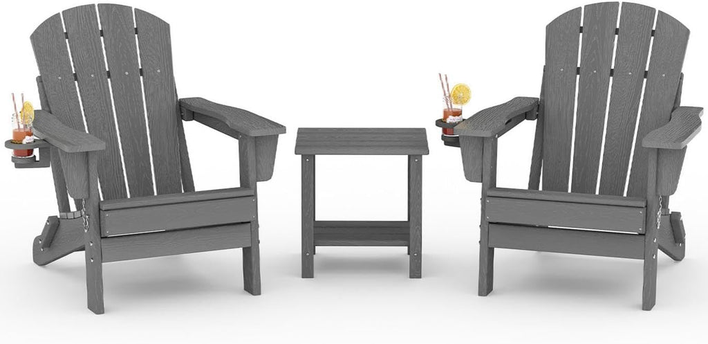 HDPE Folding Adirondack Chair Set of 2 with Side Table, Grey | All Weather Resistant Outdoor Chair with Wood Texture&