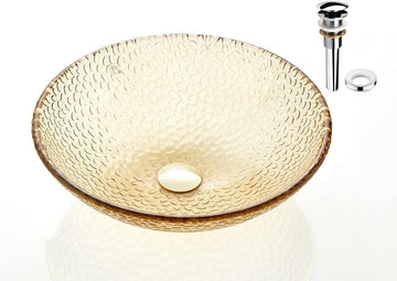 Pearl Series Glass Vessel Sink In Gold Top Raindrop Mount Sinks Above Countertop | Vanity Countertop Sink Bowl with Pop Up Drain | FW-LA625