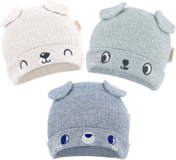 Organic Cotton Toddler Hat Set 3 Cute Animal Ears Design, Beanies for Baby Boys and Girls 0-6 Months Light Gray & Blue
