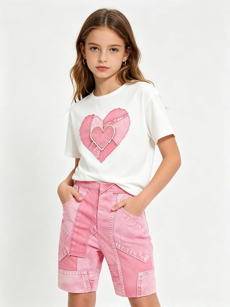 Girls 2 Piece Summer Heart Print Short Set Teen Girl Outfits Girls Clothing Set