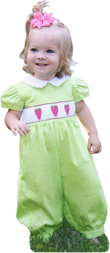 Baby Girls Hand Smocked Strawberry Long Bubble Romper