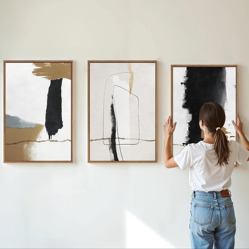 Black and White Abstract Framed Canvas Wall Art Set of 3, Beige Neutral Art Prints, Minimalist Modern Wall Decor
