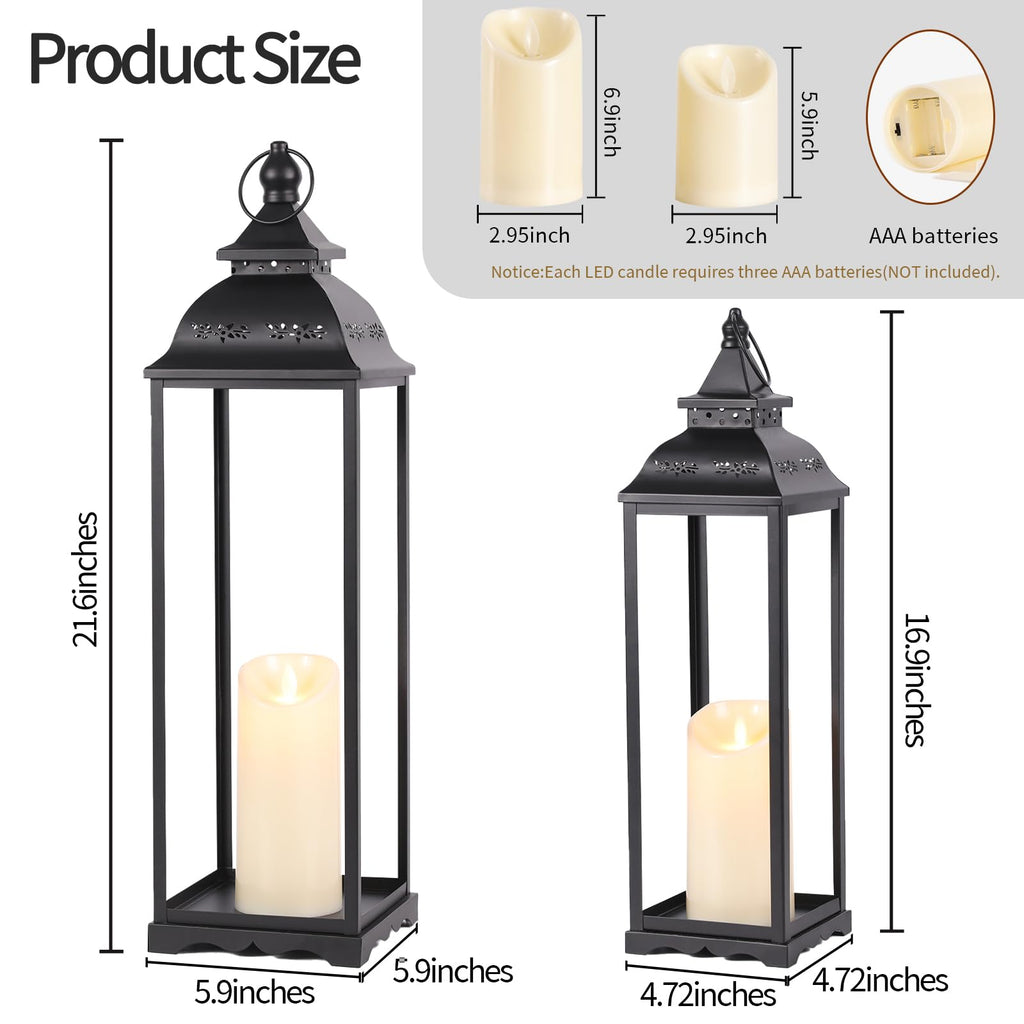 Large Candle Lanterns Set of 2, Black Lanterns Decorative Indoor Outdoor