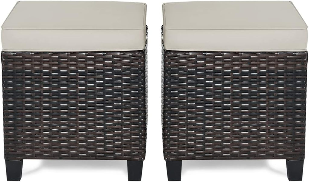 2-Piece Patio Ottoman Set - Wicker Footstools | All Weather PE Rattan Square Footstool, Removable Light Brown