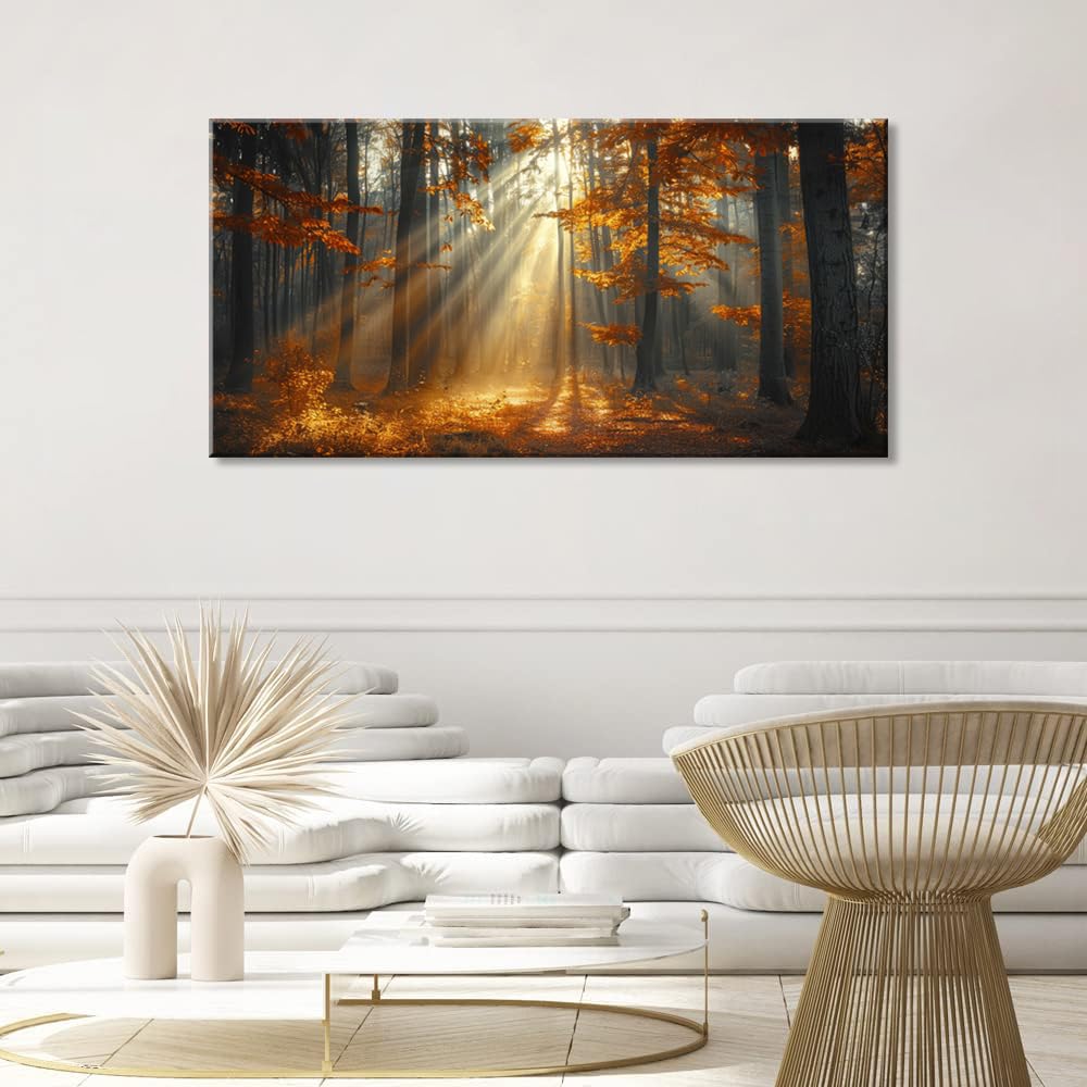 Beautiful Autumn Forest Landscape Wall Art Office Calming Nature Scenery Golden Painting Prints Sunlight Spills