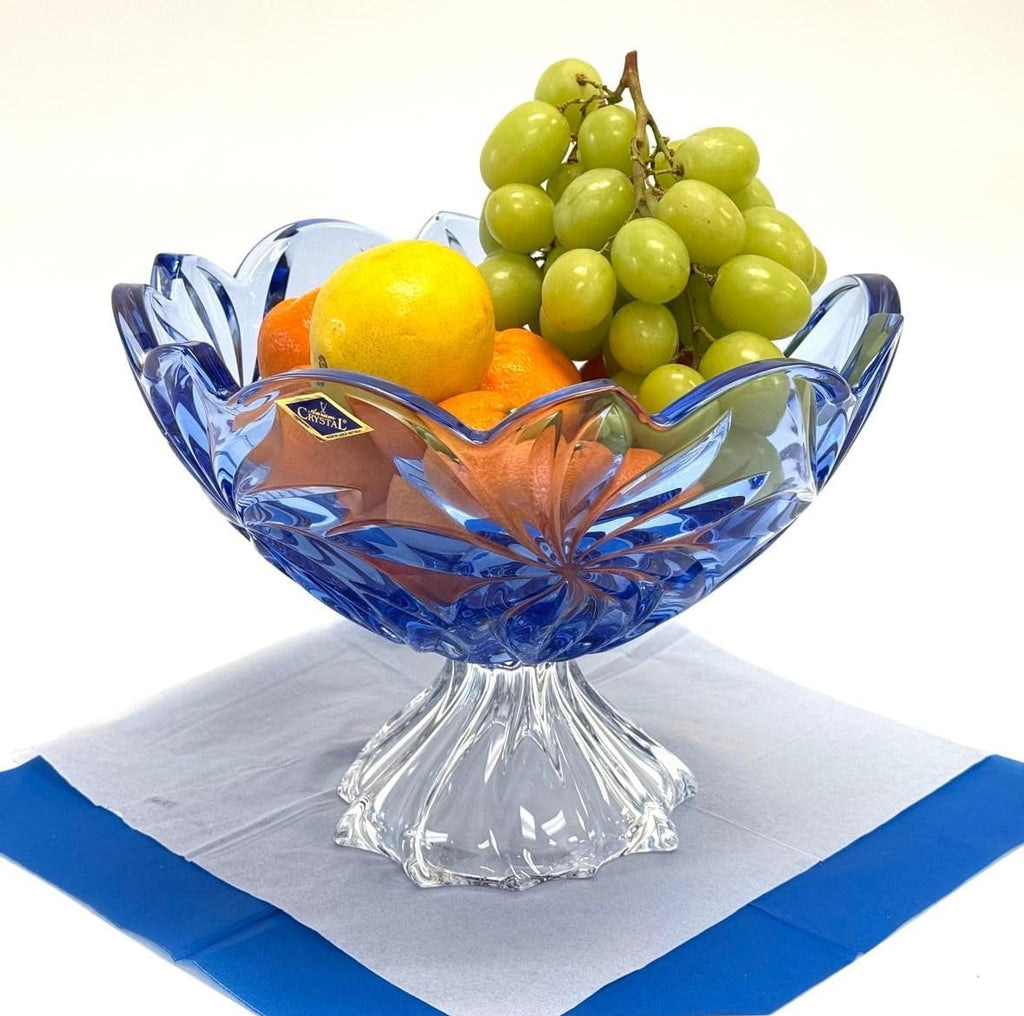 11.25-Inch Bohemian Crystal Footed Fruit Bowl FLORA, Gift Platter, Crystal, Deep Plate, Blue