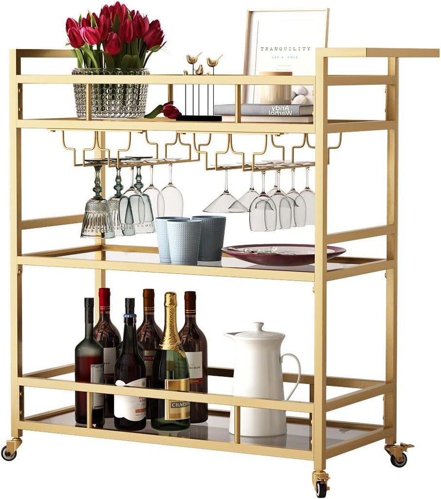Gold Bar Carts with 3 Tier Glass Shelves, Rolling Serving Bar Cart with Wine Rack and Glass Holder, Home Bar Carts &