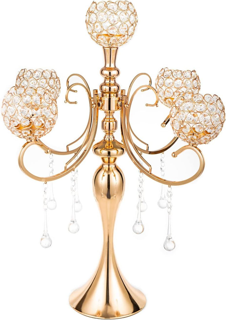 Gold Centerpiece for Table, 25.6in Candle Holder for Table Centerpieces, 5Arms Tall Crystal Candelabra Candle Holder