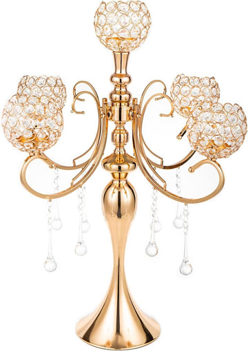 Gold Centerpiece for Table, 25.6in Candle Holder for Table Centerpieces, 5Arms Tall Crystal Candelabra Candle Holder
