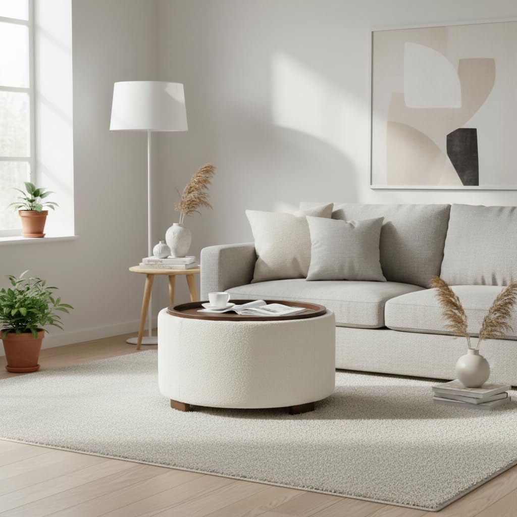 30 Inch Round Storage Ottoman, Ottoman Coffee Table with Lift Off Lid, Boucle Modern Ottomans with Storage s (Beige)