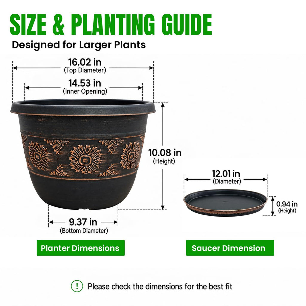16 Inch Outdoor Planters, 4 Pack, Copper Retro Floral