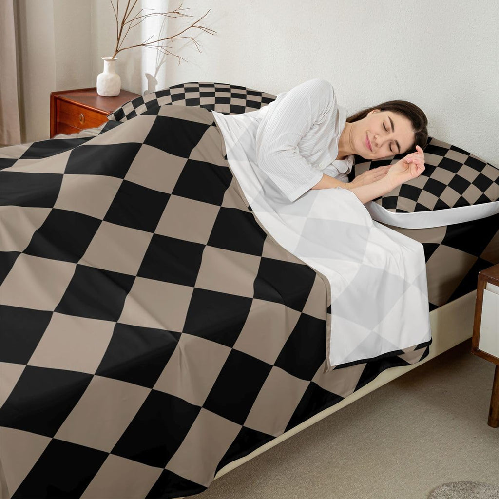 Diamond Plaid Bed Sheets Set Buffalo Check Bed Set Vintage Brown Deep Pocket Fitted Sheet Breathable Soft