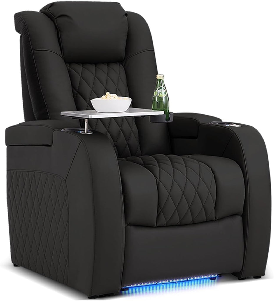 Home Theater Seating Genuine Leather Recliner Chair, Power Reclining & Headrest, USB A/C Charging Ports